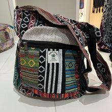 Load image into Gallery viewer, Colourful Himalayan Hemp THC Free cotton lined bag with front pocket and two side pockets
