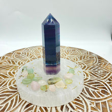 Load image into Gallery viewer, Purple Blue Fluorite Crystal Tower Point Generator
