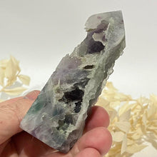 Load image into Gallery viewer, Rainbow Purple Green Fluorite Half Polished Crystal Tower Point Generator
