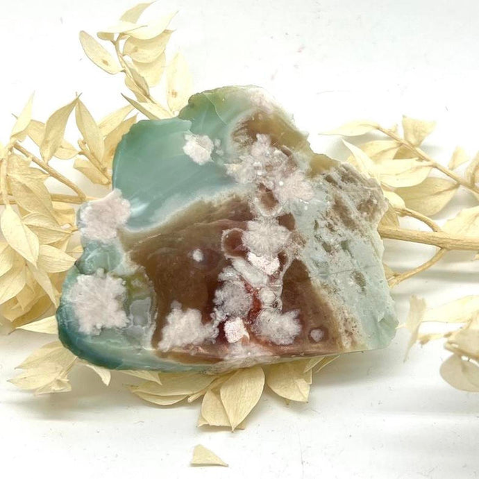 Green  Flower Agate Crystal Raw Slab