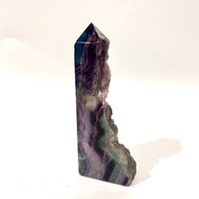 Load image into Gallery viewer, Rainbow Purple Green Fluorite Half Polished Crystal Tower Point Generator
