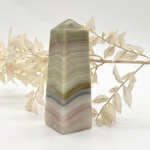 Load image into Gallery viewer, Pink / Green Banded Green Onyx Crystal Tower Point Generator
