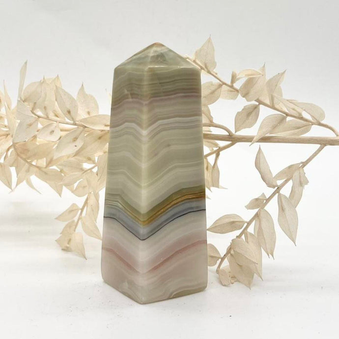 Pink / Green Banded Green Onyx Crystal Tower Point Generator