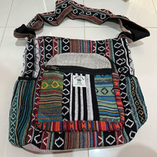 Load image into Gallery viewer, Colourful Himalayan Hemp THC Free cotton lined bag with front pocket and two side pockets
