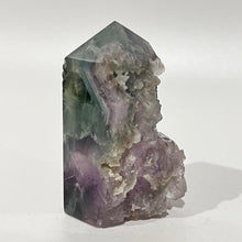 Load image into Gallery viewer, Rainbow Purple Green Fluorite Half Polished Crystal Tower Point Generator
