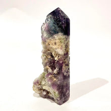 Load image into Gallery viewer, Rainbow Purple Green Fluorite Half Polished Crystal Tower Point Generator
