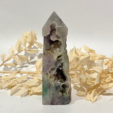 Load image into Gallery viewer, Rainbow Purple Green Fluorite Half Polished Crystal Tower Point Generator
