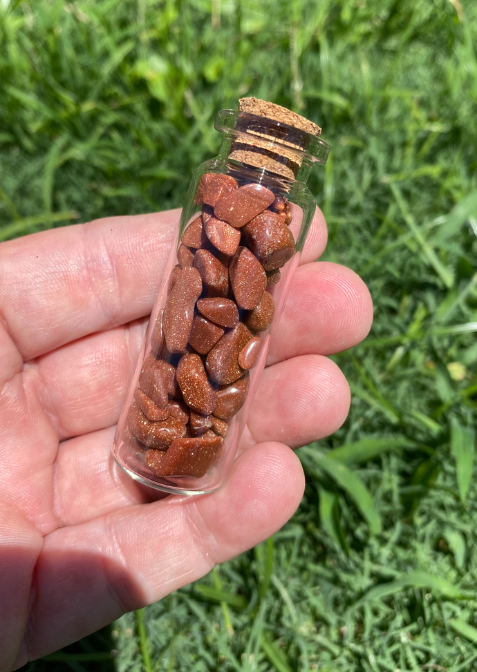 Goldstone Crystal Chips in a bottle.