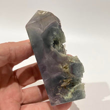 Load image into Gallery viewer, Rainbow Purple Green Fluorite Half Polished Crystal Tower Point Generator
