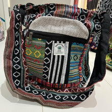 Load image into Gallery viewer, Colourful Himalayan Hemp THC Free cotton lined bag with front pocket and two side pockets
