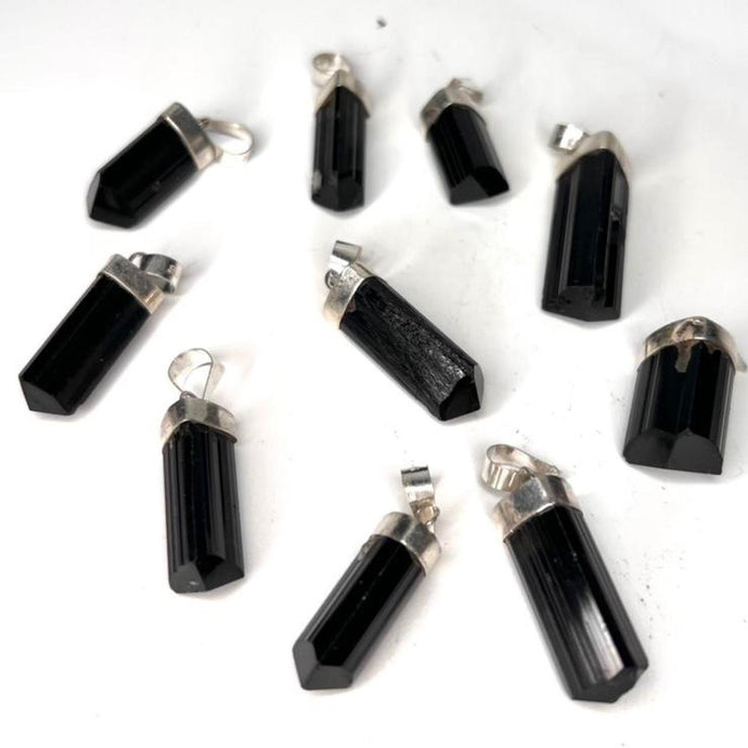 Black Tourmaline Crystal Pendant Silver Plated Mount