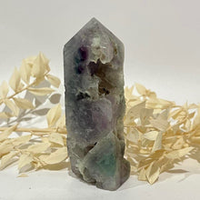 Load image into Gallery viewer, Rainbow Purple Green Fluorite Half Polished Crystal Tower Point Generator
