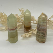 Load image into Gallery viewer, Green Banded Green Onyx Crystal Tower Point Generator
