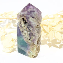 Load image into Gallery viewer, Rainbow Purple Green Fluorite Half Polished Crystal Tower Point Generator
