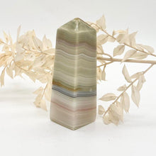 Load image into Gallery viewer, Pink / Green Banded Green Onyx Crystal Tower Point Generator
