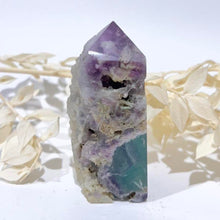 Load image into Gallery viewer, Rainbow Purple Green Fluorite Half Polished Crystal Tower Point Generator
