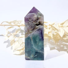 Load image into Gallery viewer, Rainbow Purple Green Fluorite Half Polished Crystal Tower Point Generator
