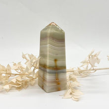 Load image into Gallery viewer, Pink / Green Banded Green Onyx Crystal Tower Point Generator
