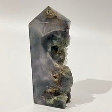 Load image into Gallery viewer, Rainbow Purple Green Fluorite Half Polished Crystal Tower Point Generator
