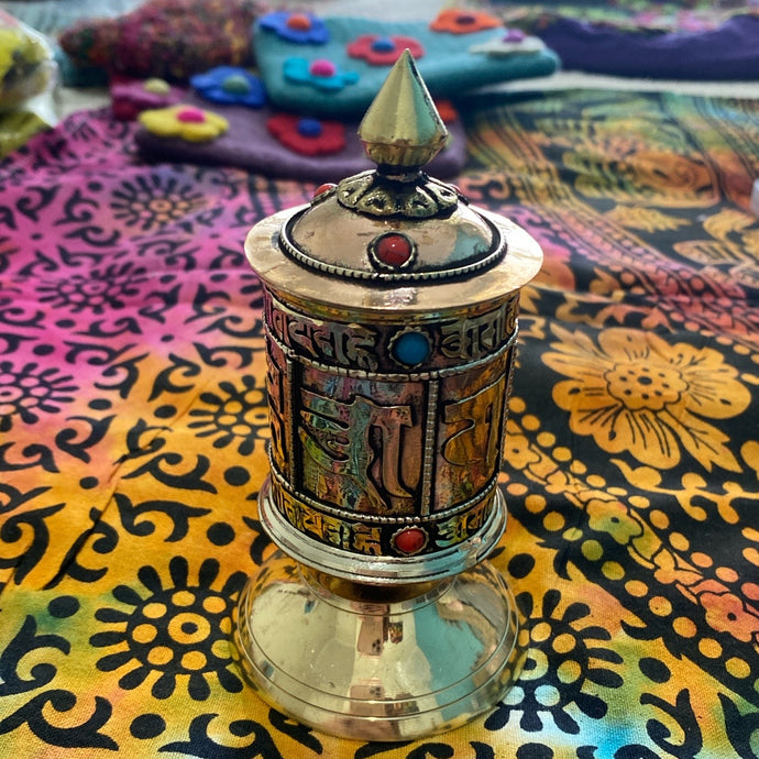 Tibetan prayer wheel made of copper and brass