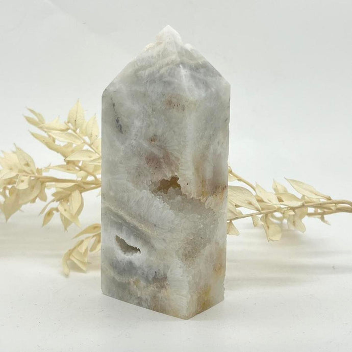 Druzy Snow Agate Crystal Stone Tower / Obelisk